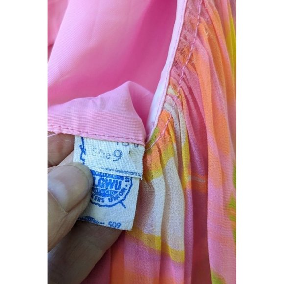 Dress 1960-75 Go Go Union Made Pink Green Psychedelic Bows Flowy - Picture 7 of 15